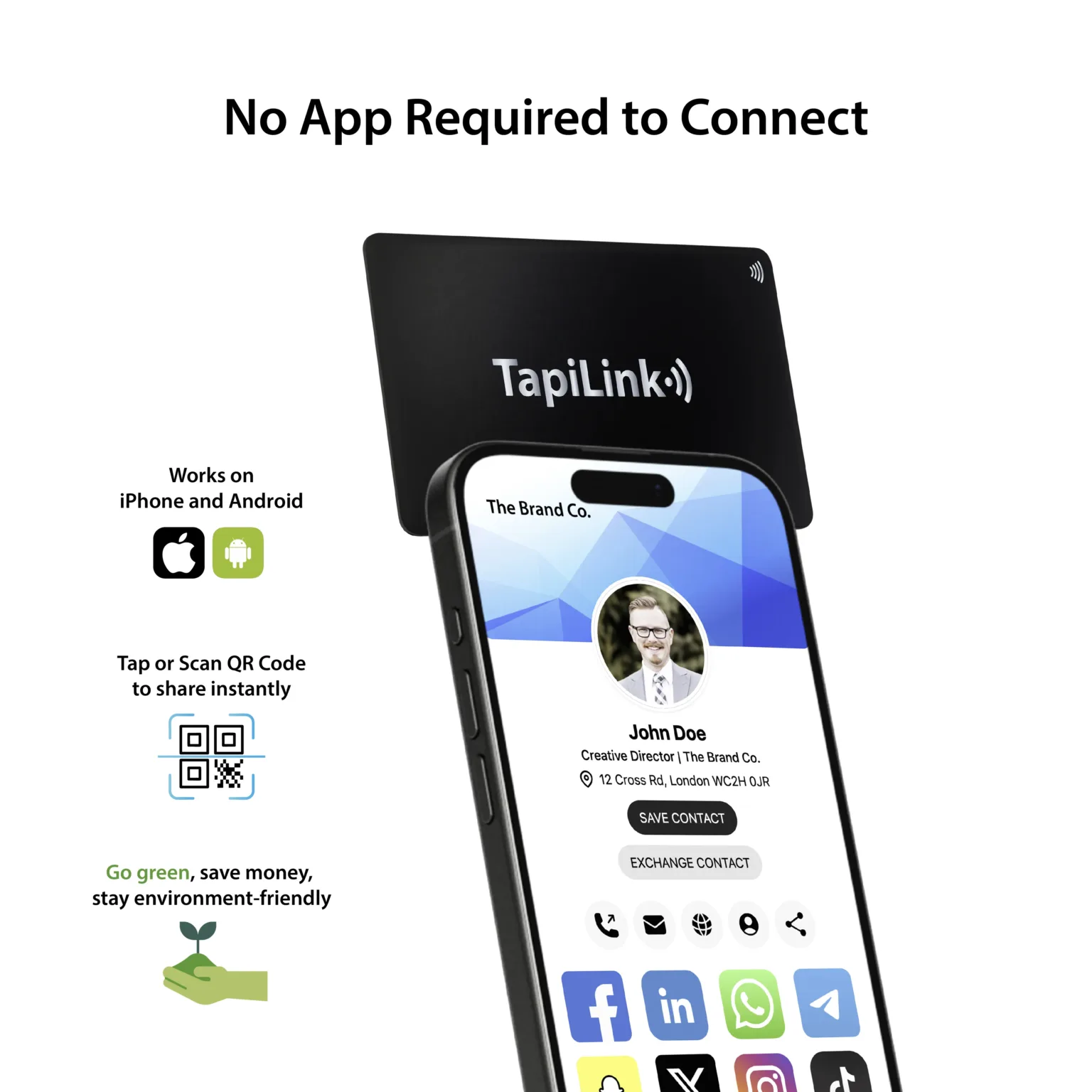 A mobile phone displaying a digital business profile with social media links, contact information, and a QR code for instant sharing via NFC or scan.
