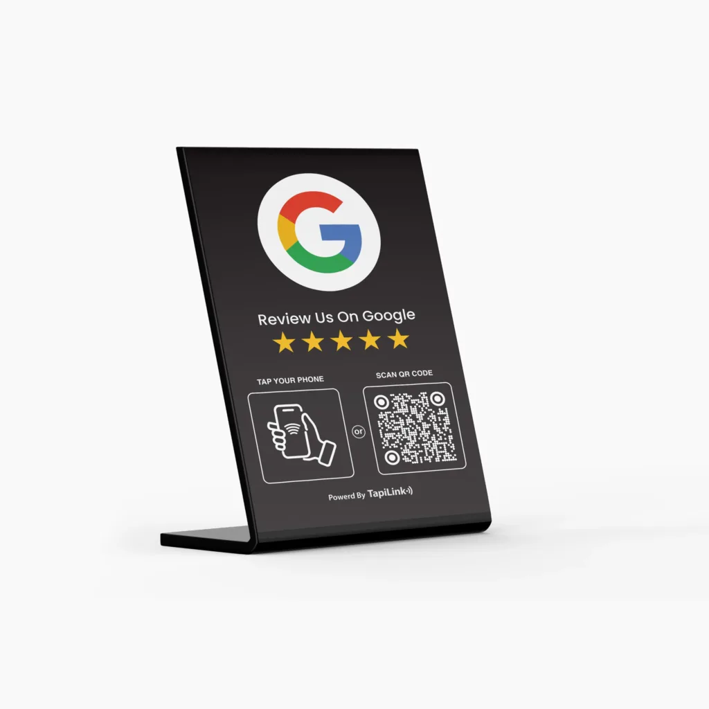Tapilink NFC Google Review Stand - A sleek, modern device enabling effortless customer reviews with just a tap. Perfect for businesses to collect feedback easily.