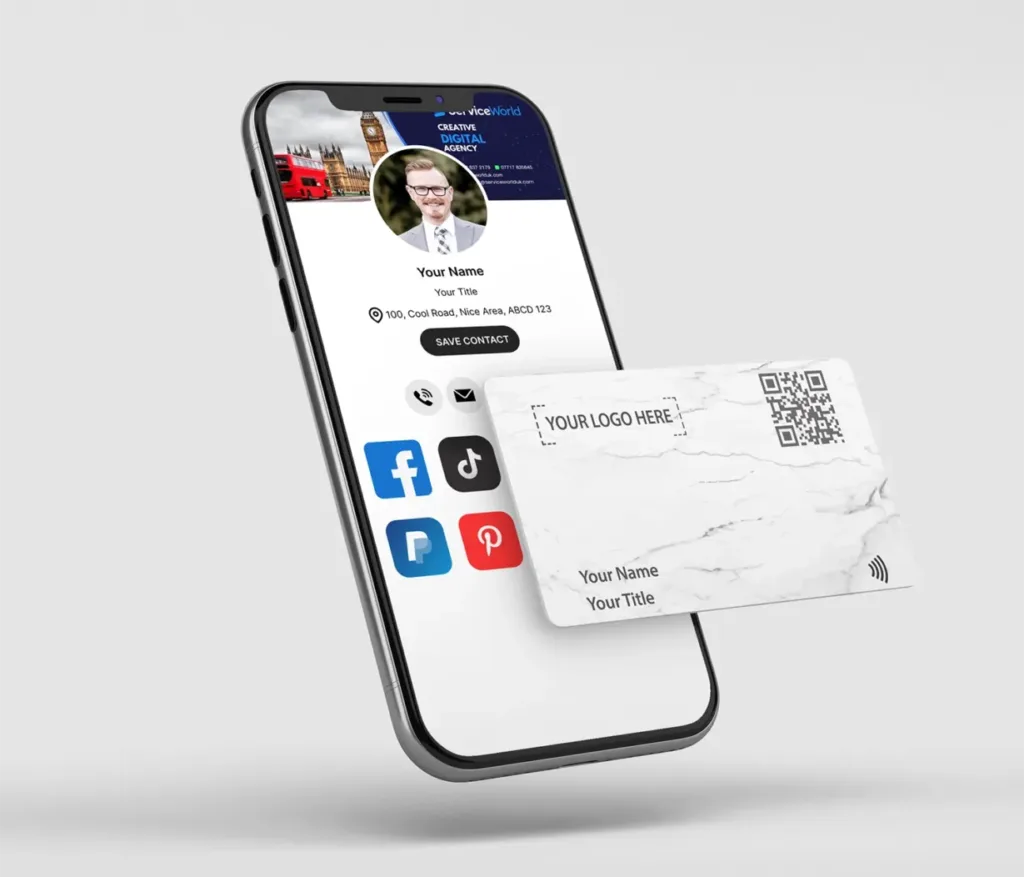 White NFC business card with QR code placed on smartphone showing digital profile with social icons.