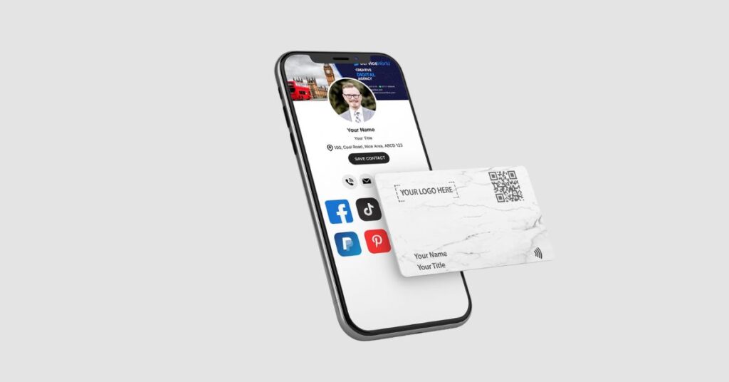 Smartphone displaying digital profile alongside NFC business card with QR code and social media icons.