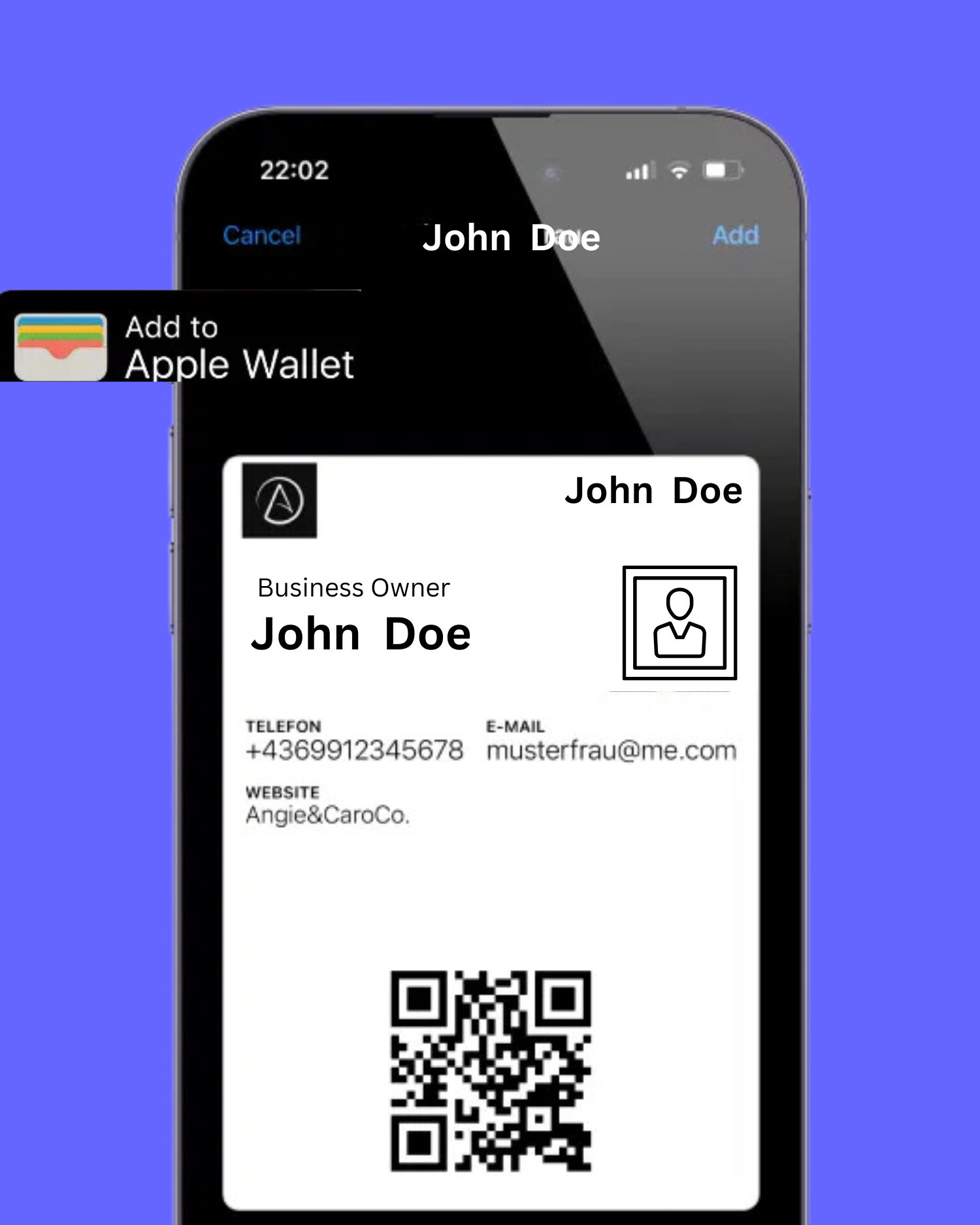 A digital business card displayed on an iPhone within the Apple Wallet app interface, held by a person in a business suit, emphasizing a modern and professional networking tool.