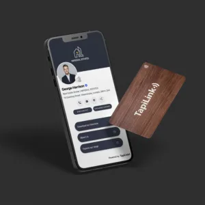 Tapilink NFC Black Walnut Wooden Digital Business Card showcasing contactless sharing technology