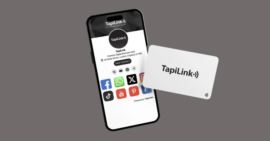 Digital NFC business card by TapiLink syncing with a phone to enable instant contact sharing and deal closing.