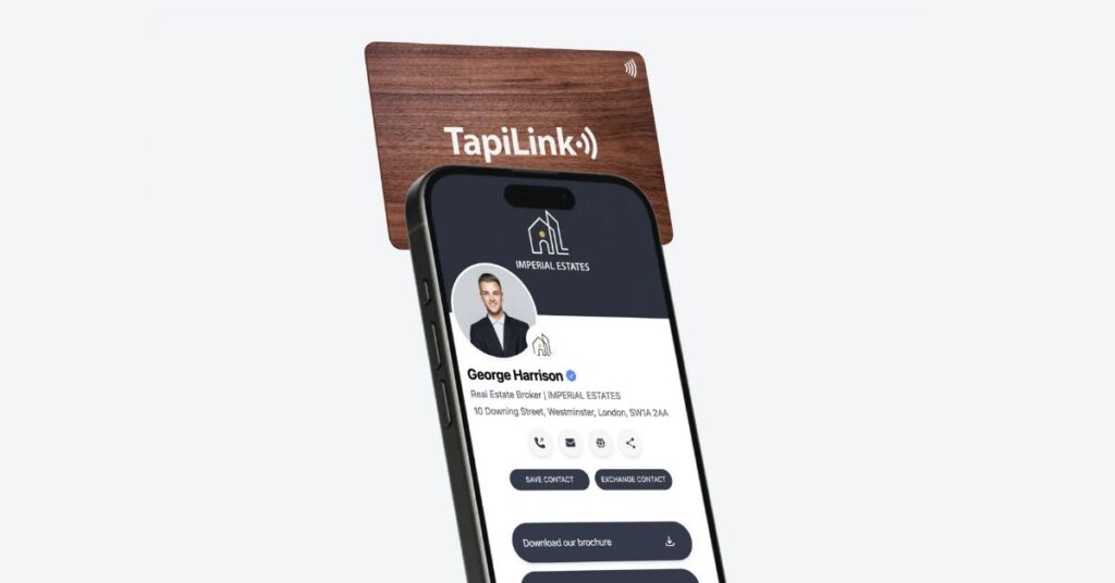 Wood-style TapiLink NFC business card syncing with phone to display a custom digital contact profile.