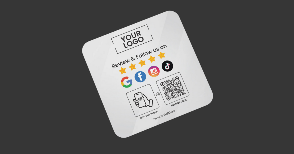 Tapilink NFC review card with social icons and QR code to boost business credibility through Google reviews.

