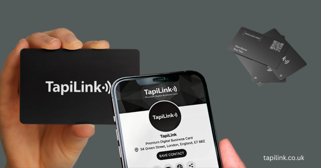 Hand holding TapiLink NFC card next to phone displaying a digital business card profile.