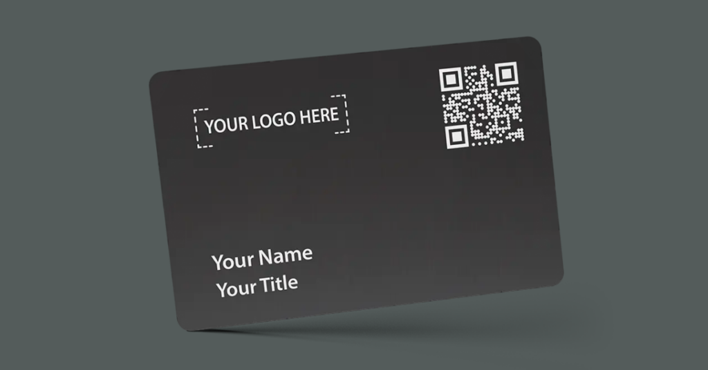 Black digital business card mockup with QR code and placeholder text for logo, name, and title, displayed on a dark background.