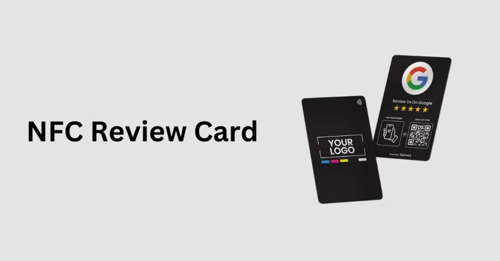 Two black NFC review cards are designed for businesses to collect Google reviews with tap or scan features.