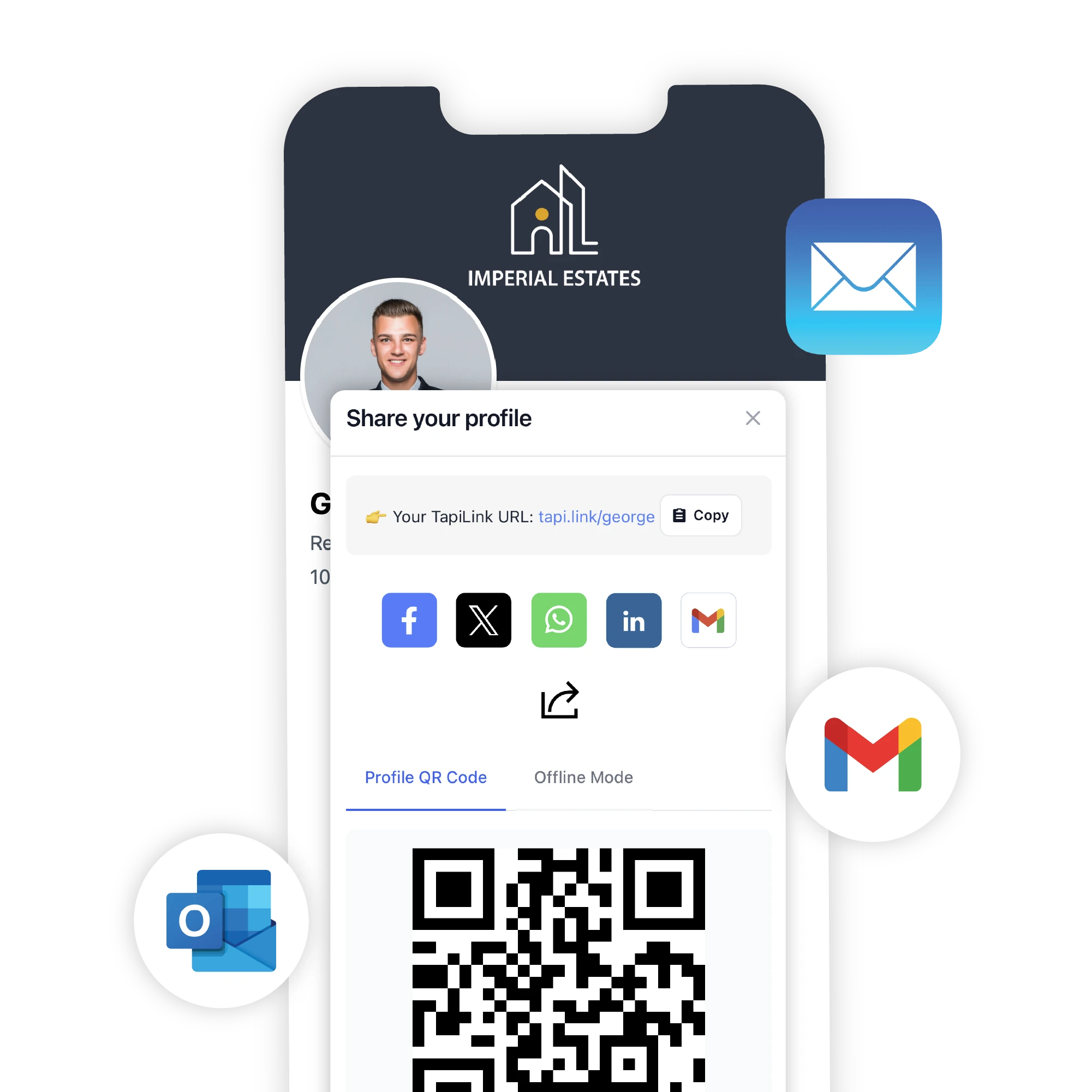 Mobile screen displaying an instant digital business profile sharing feature with options for email and social media sharing, alongside a QR code for quick access.