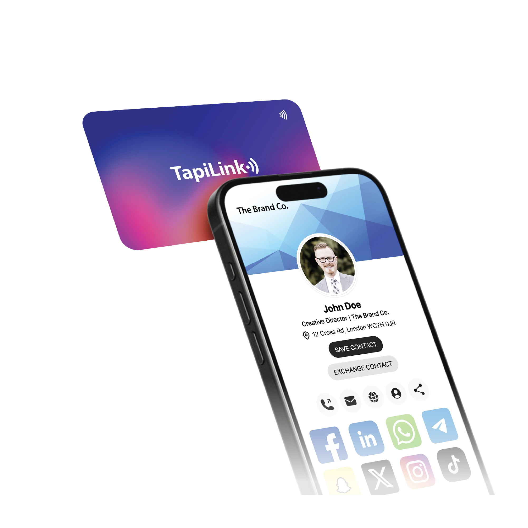 A digital business card with NFC and QR code integration, easily accessible through compatible NFC-enabled devices or by scanning the QR code for instant contact sharing.