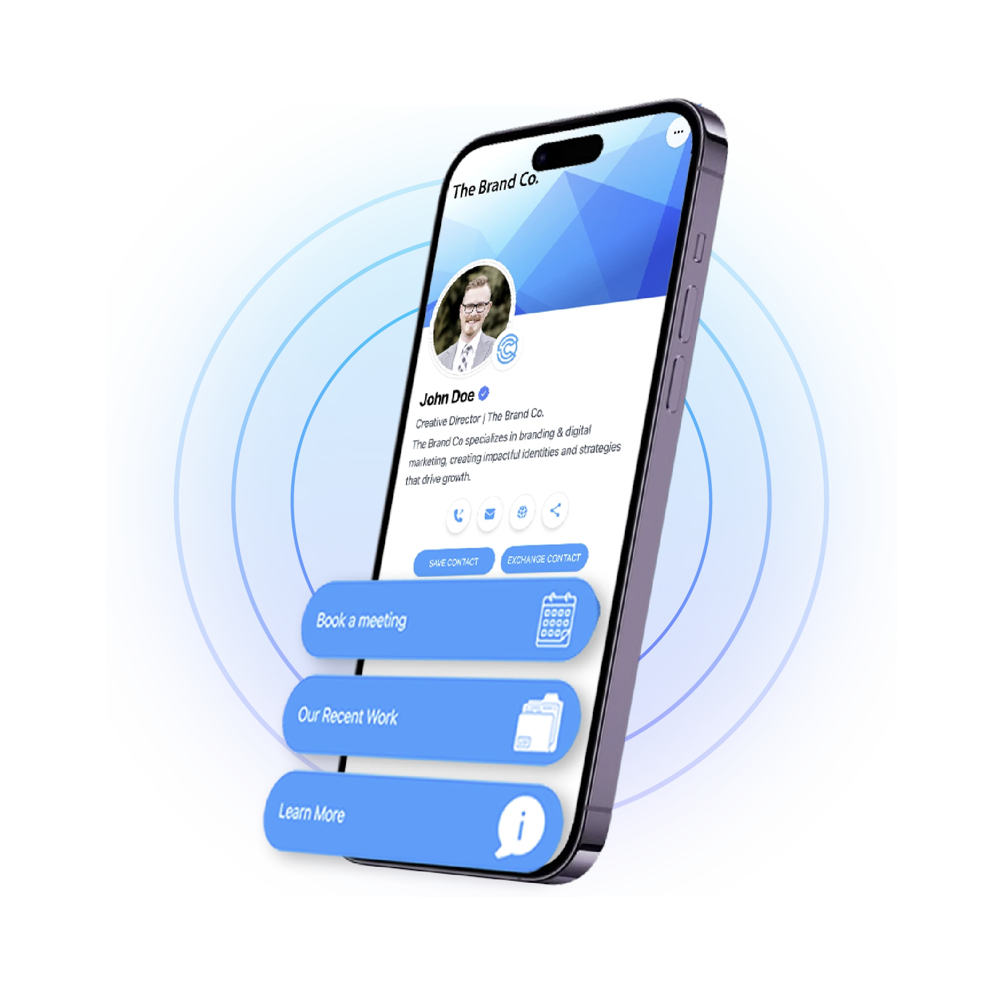 Mobile screen displaying an editable digital business card profile, allowing users to make updates easily without replacing physical cards.