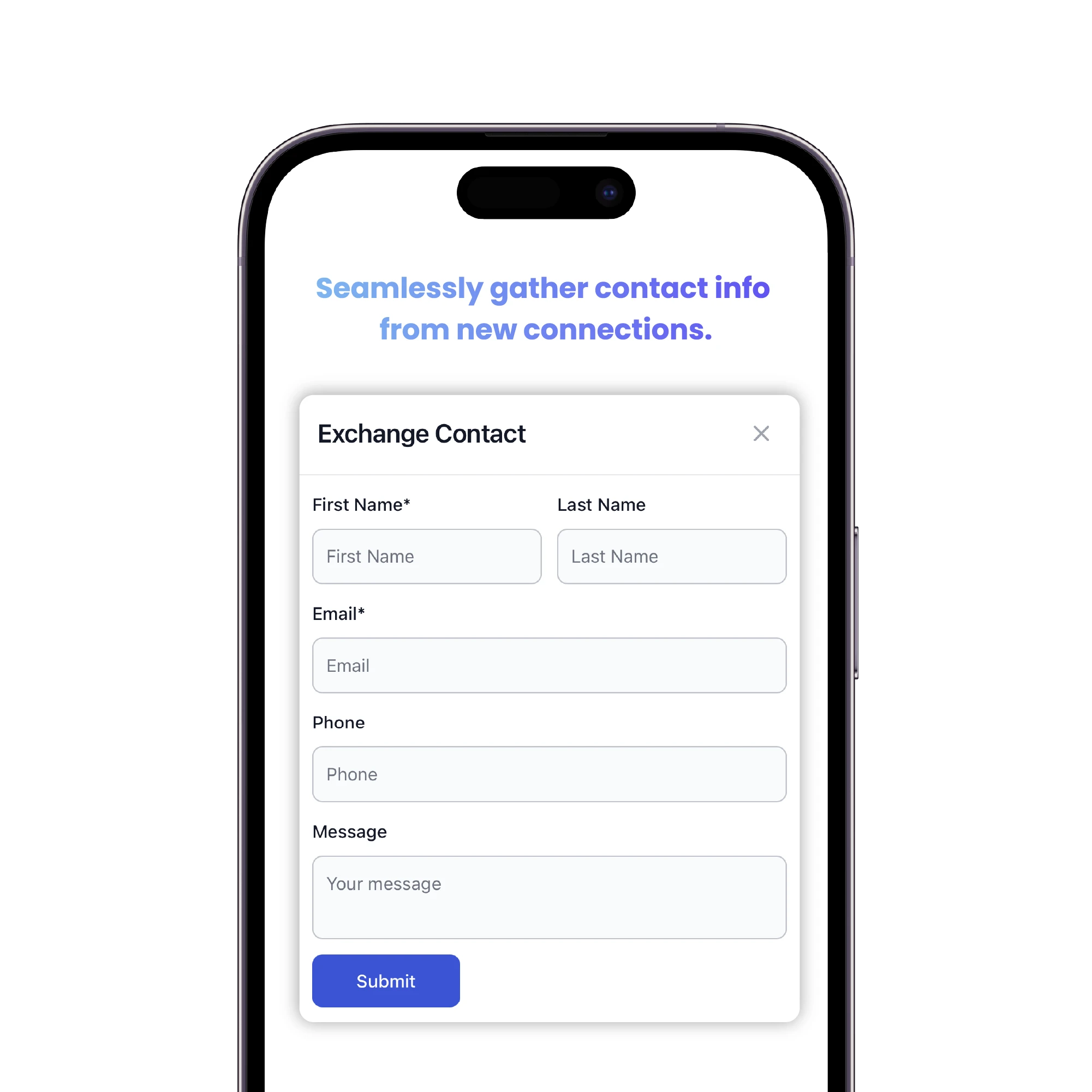 A mobile screen displaying an integrated contact form, allowing users to collect leads directly from their digital business profile.