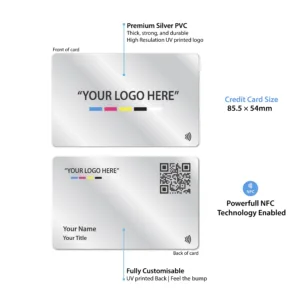 Tapilink NFC Silver PVC Digital Business Card showcasing coazazntactless sharing technology