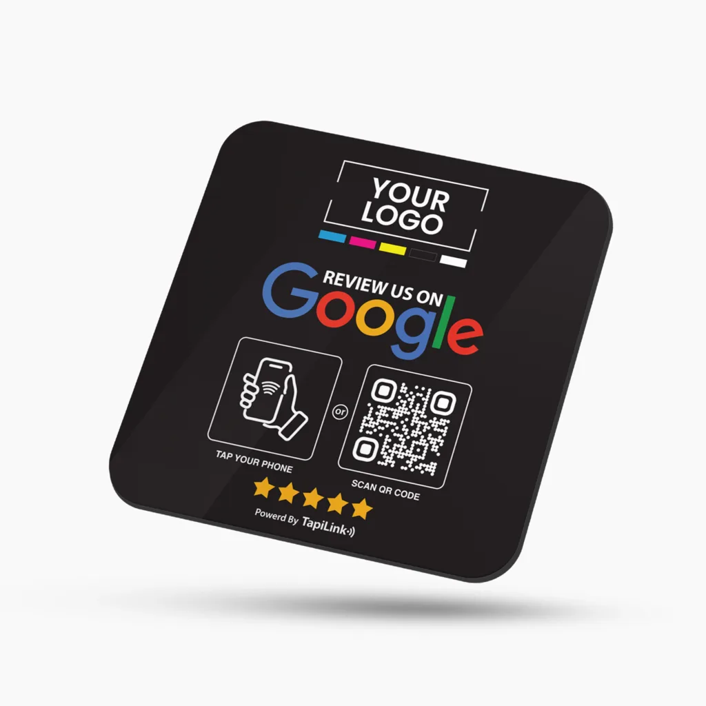Tapilink Acrylic Review Plate displaying user feedback and ratings