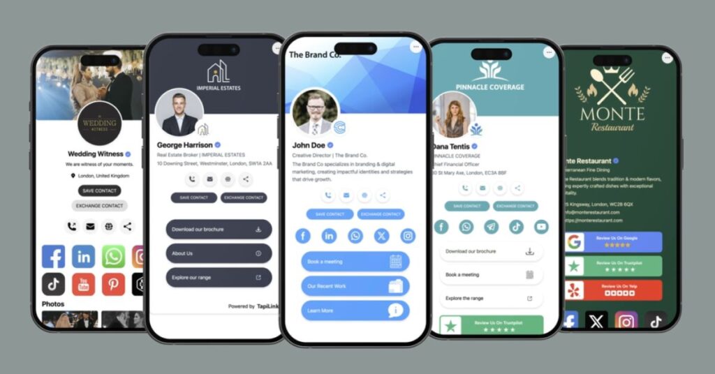 Multiple digital business card profiles displayed on phones, each linking to social media platforms for influencer reach.