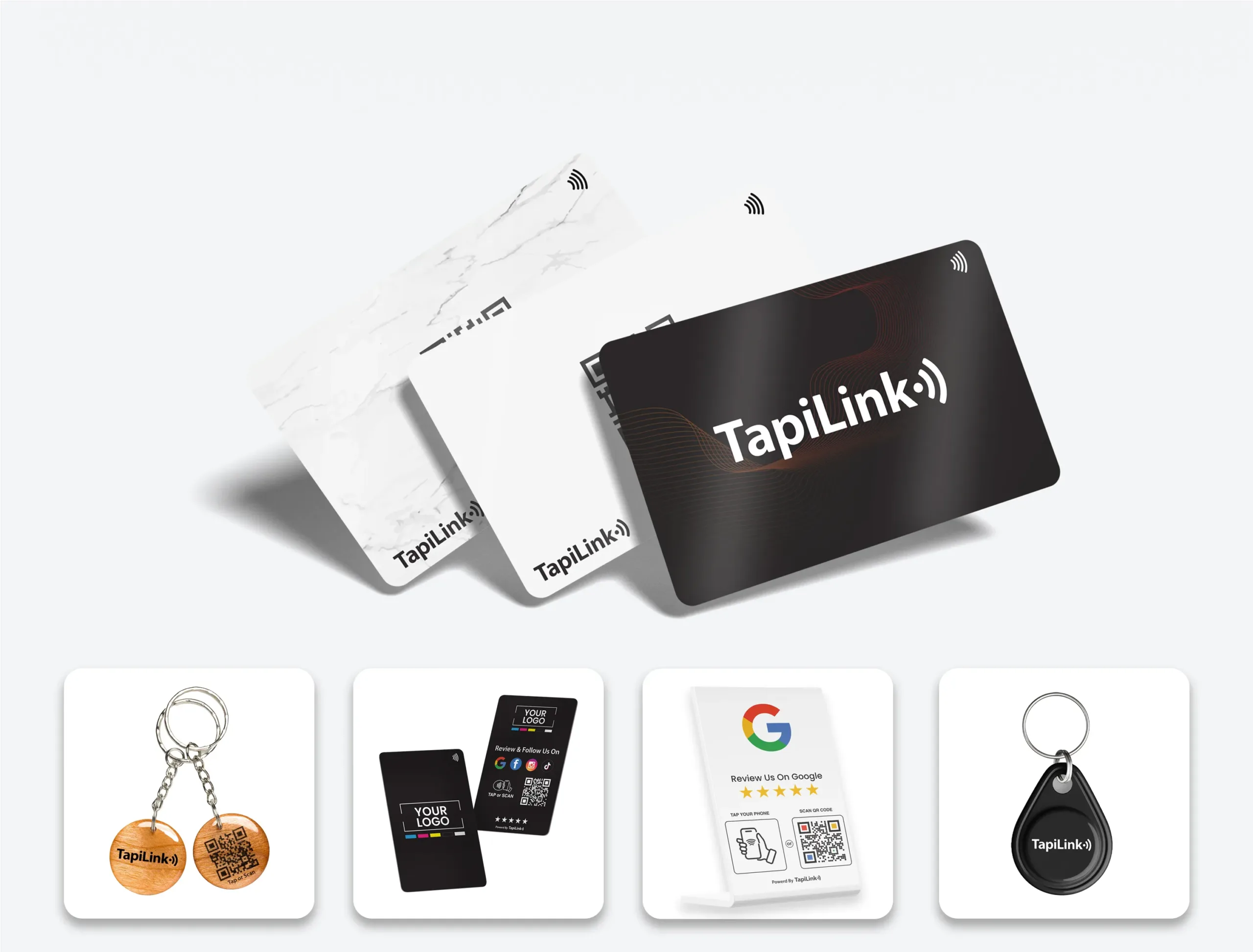 Various NFC-enabled products including business cards, keychains, and tags from TapiLink, showcasing different designs for easy contact sharing.