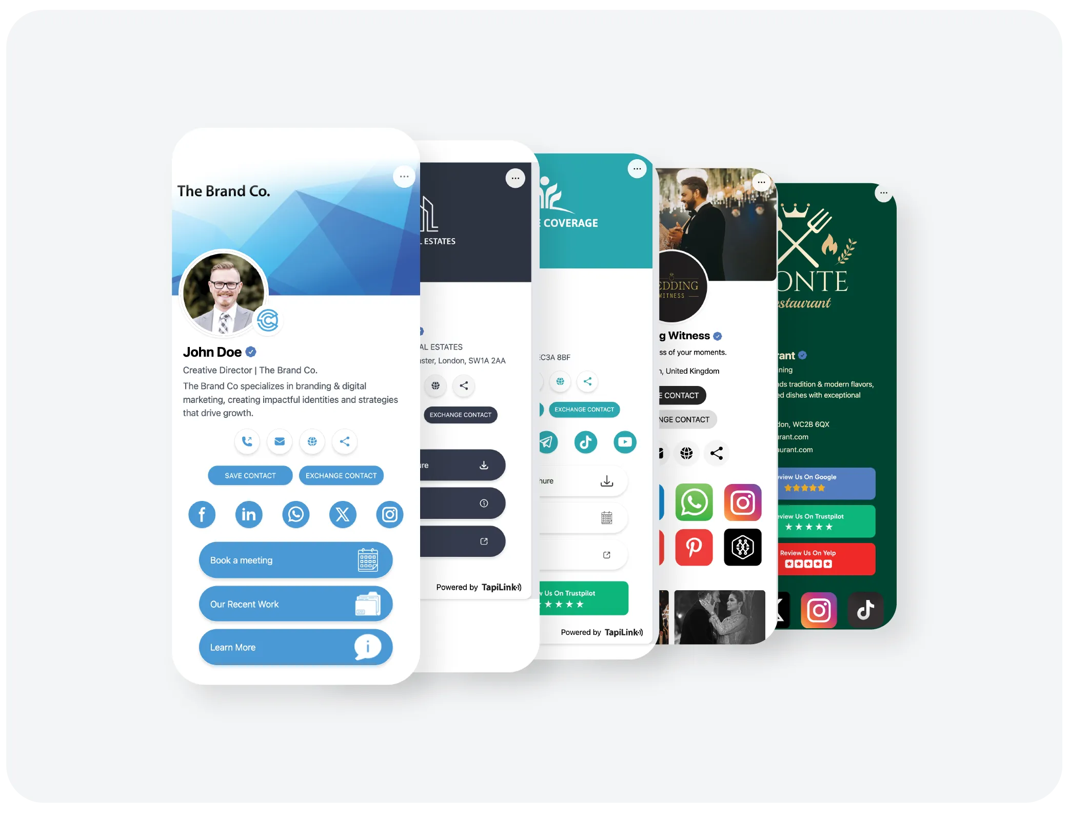 Various profile design templates from TapiLink, showcasing customization options for user contact details and social media links on mobile screens.