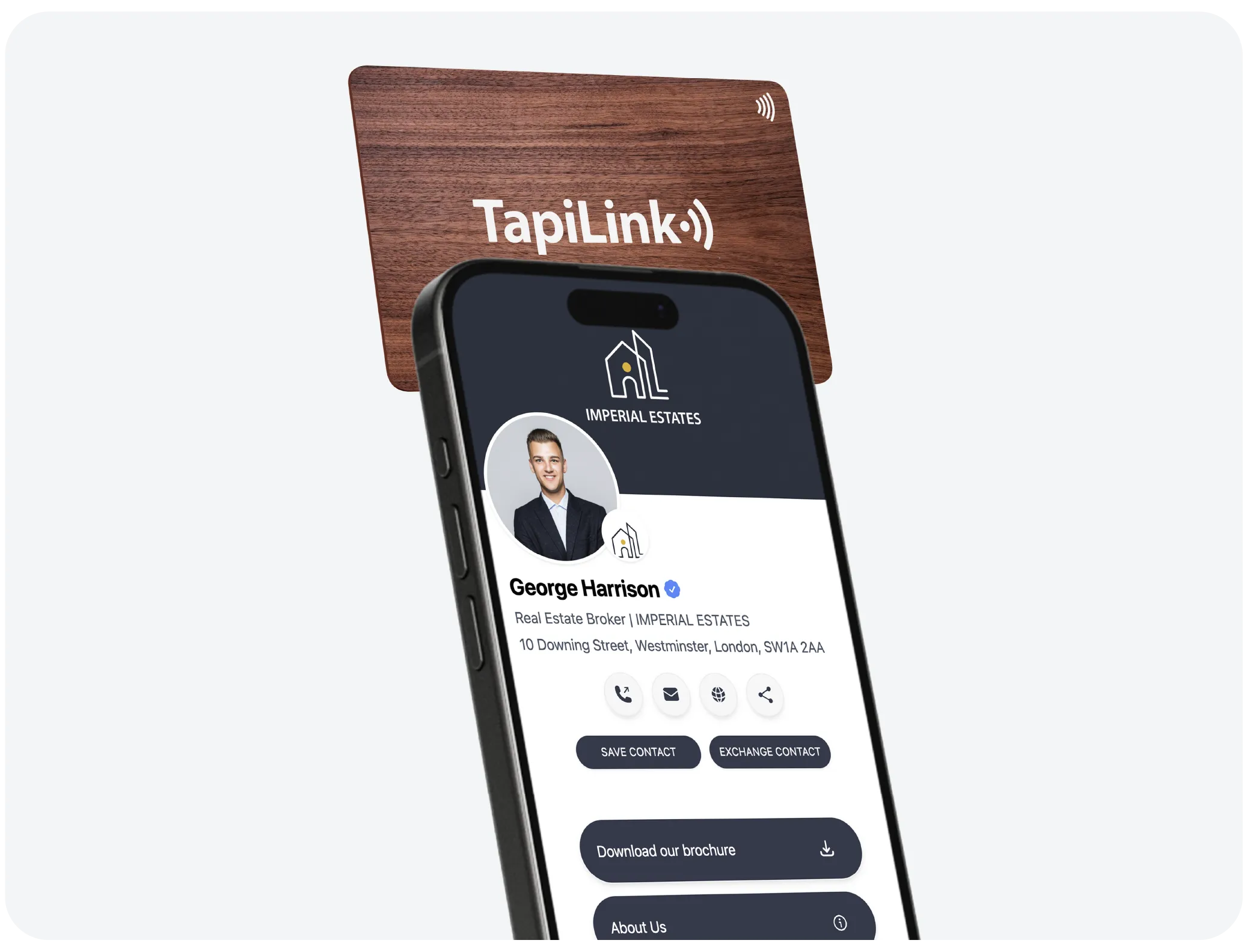 User sharing a digital business card profile using a mobile phone with TapiLink branding, showing easy contact exchange via NFC or QR code.