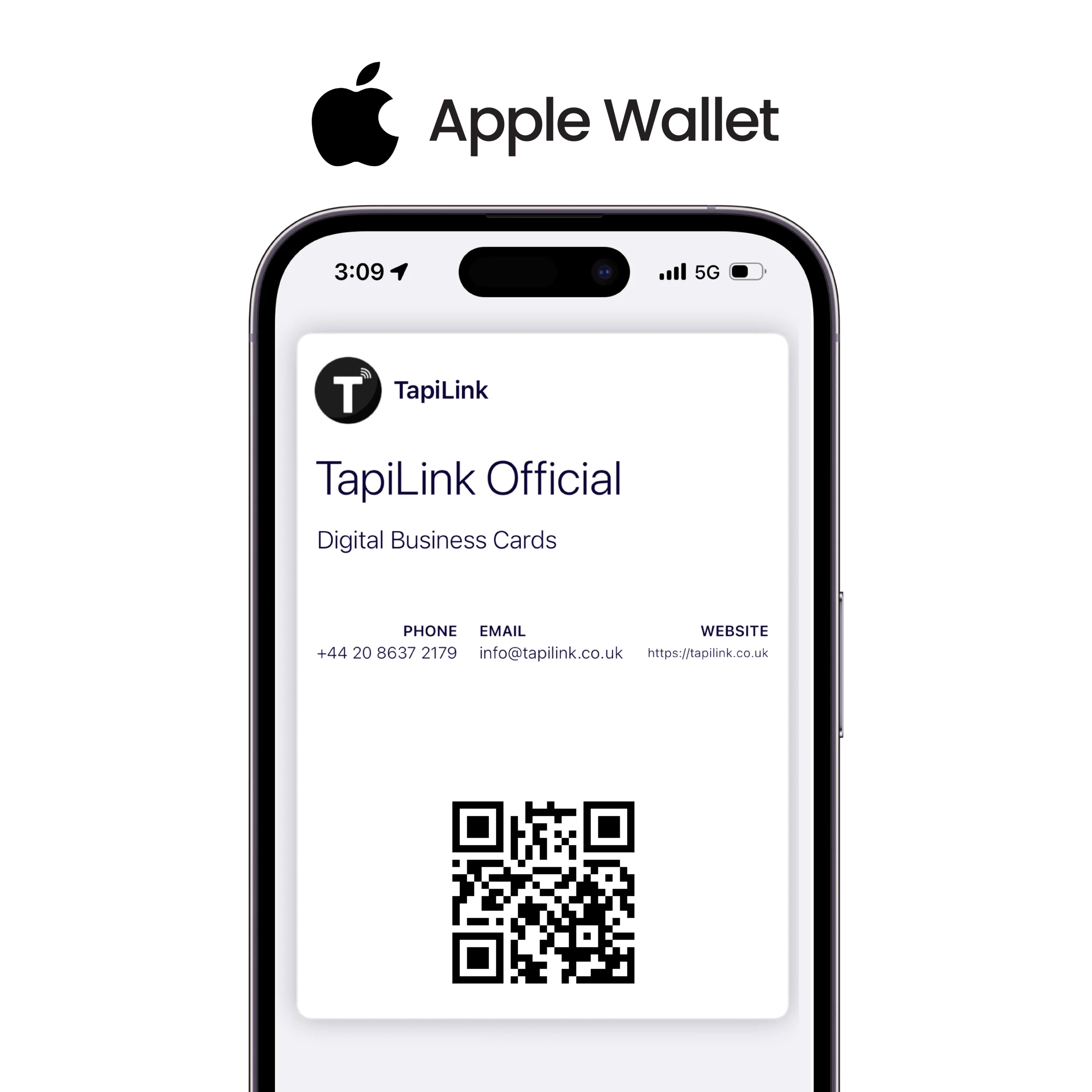Mobile screen showing a digital business card stored in Apple Wallet, with an easy-to-scan QR code and access to key contact details.