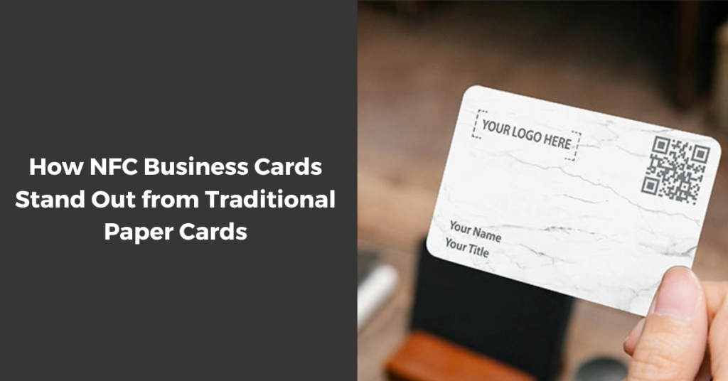 NFC business card held in hand, highlighting its modern features compared to traditional paper cards.