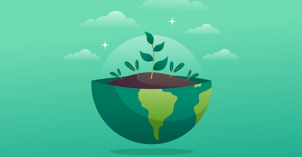 Illustration of a green earth sprouting plants, symbolizing the eco-friendly benefits of digital business cards.